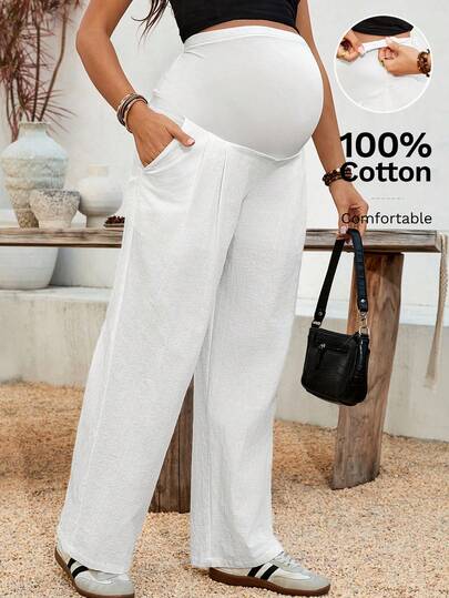 SHEIN Maternity Clothes Maternity Bottoms Leisure Vacation Summer White, Adjustable Elastic Waistband, Cotton Straight-Leg Pants With Pockets Maternity Pants Pregnancy Pants White Wide Leg Pants Women Pregnancy Clothing