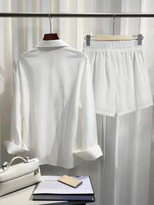 GlowEve Women's Knight Print Long Sleeve Single-Breasted Pocket Shirt And Shorts Casual 2 Pieces Set - White - View 2