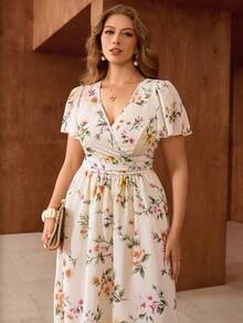 Roveilla 大码梭织数码印花腰部抽绳褶皱交叉领荷叶边袖连衣裙 - 杏色 - 查看 3