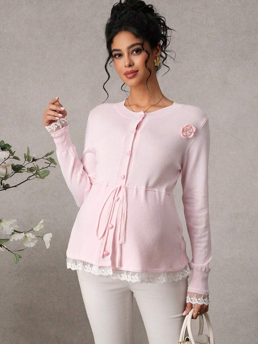 Momance Maternity Cardigan Sweater, Fitted Style With Floral Decor, Lace Trim At Collar & Cuffs, Waist Tie, Heart Button Design, Casual Elegant For Daily Wear & Dates, Long Sleeve Maternity Sweater Jacket - Pink - View 1