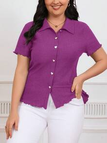 SHEIN Frenchy Áo thun trơn dáng rộng cài nút hình trái tim dành cho nữ - Màu đỏ tím - Xem 2