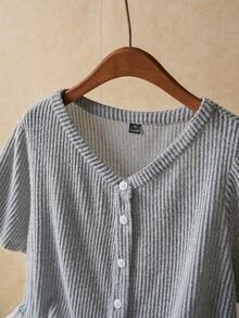 SHEIN Elaquor Áo thun mùa hè cỡ lớn, kiểu dáng thường ngày, phối màu tương phản, viền bèo nhún - Xám - Xem 4