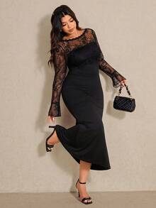 Elaquor Plus Size Women Contrast Lace Round Neck Flare Sleeve Fitted Elegant Dress - Black - View 1