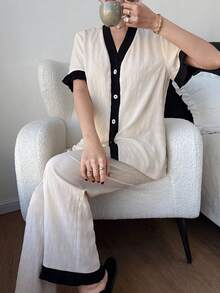 Dream Adore 2pcs Women Contrast Color Collar Top & Pleated Fabric Cardigan And Pants Pajama Set - Apricot - View 6