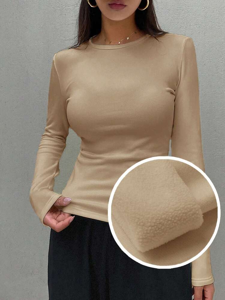 Women's Casual Solid Color Thermal Lined Basic T-Shirt, Autumn/Winter Long Sleeve Women Tops,Thermal Lined