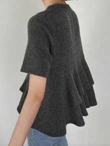 FRIFUL Women's Solid Color Textured Fabric Short Sleeve Pleated Ruffle Hem Loose Casual Versatile T-Shirt, Spring/Summer - Grey - View 2