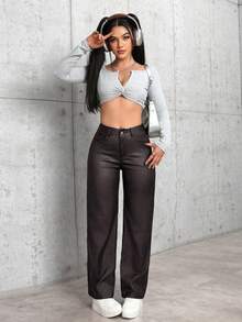 SHEIN PETITE Women's Solid Color Slant Pocket Casual Straight Leg Pants ,Petite Women - Coffee Brown - View 6