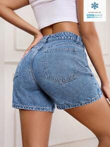 SHEIN PETITE 女士休闲宽松牛仔短裤，带口袋 - 淺色水洗藍 - 查看 2