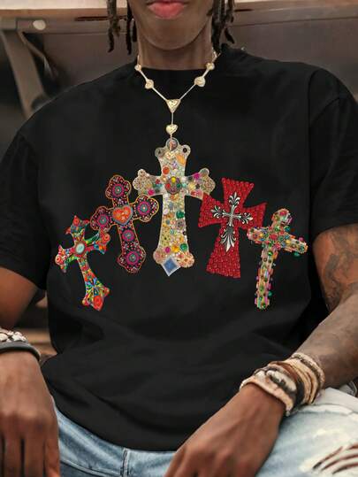 Manfinity Dauomo Y2K Street Style Short-Sleeved T-Shirt, Cross Print T-Shirt, Fashionable Hip-Hop Men's Vest, Fun Retro Vest, Regular Fit, Street Style, Digital Print, Ideal Gift