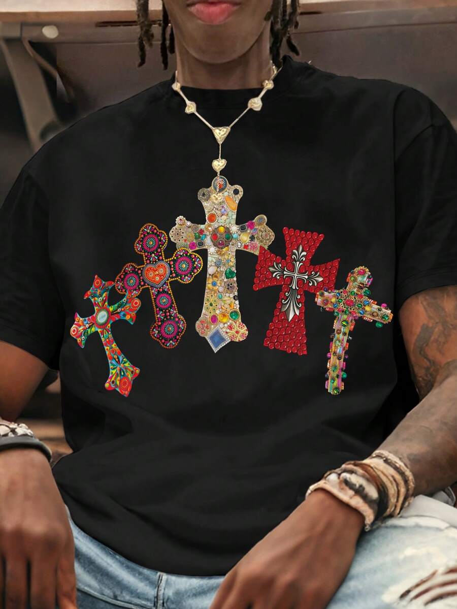 Manfinity Dauomo Y2K Street Style Short-Sleeved T-Shirt, Cross Print T-Shirt, Fashionable Hip-Hop Men's Vest, Fun Retro Vest, Regular Fit, Street Style, Digital Print, Ideal Gift - Black - View 1