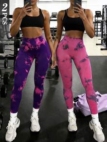 SHEIN Velisys 2pcs Women's Purple & Pink Tie-Dye Seamless High Stretch Sports Leggings - Multicolor - View 1