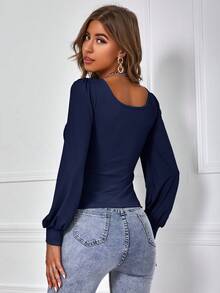 SHEIN Frenchy Women's Solid Color Square Neck Fitted Long Sleeve T-Shirt - Navy Blue - View 2