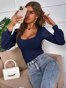 SHEIN Frenchy Women's Solid Color Square Neck Fitted Long Sleeve T-Shirt - Navy Blue - View 3