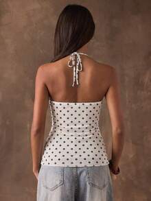 SHEIN BAE 女士浪漫度假性感复古波点荷叶边系带V领露背吊带背心，适合假日约会、下午茶、海滩、邮轮、城市度假、婚礼季、音乐节等场合，波西米亚风 - 白色 - 查看 2