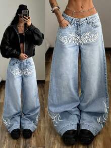 StreetHx 女士哥特图案口袋阔腿宽松休闲百搭牛仔裤 - 淺色水洗藍 - 查看 3