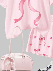 2pcs/Set Tween Girls' Casual Minimalist Heart & Bow Print Short Sleeve Round Neck T-Shirt And Shorts Set, Suitable For Spring/Summer Daily Wear, Home, School - Multicolor - View 5