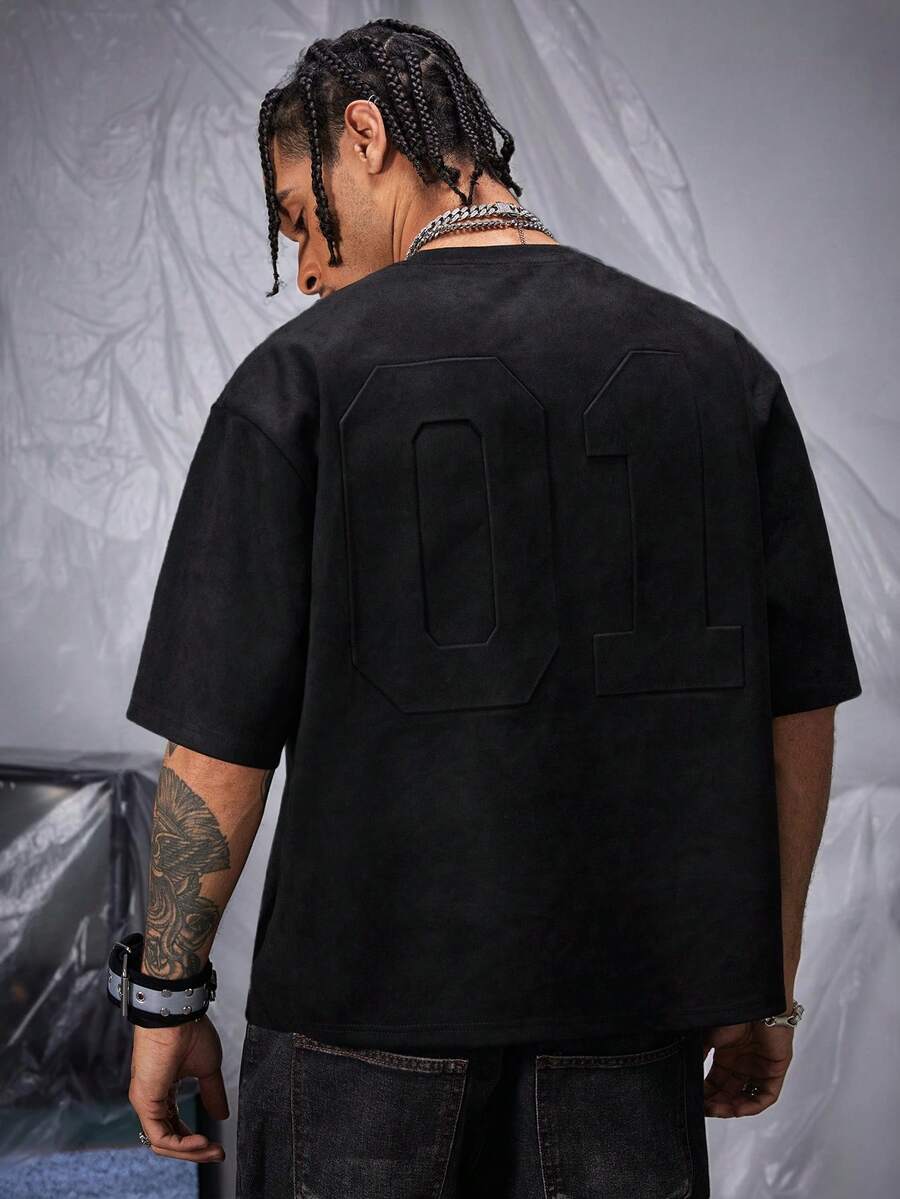 AXEPEAK 男士透气层宽松针织短袖T恤，夏季，街头风 - 黑色 - 查看 1