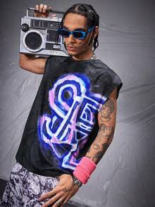 Manfinity VCAY Men's Loose Fit Data Print Knitted Sleeveless Crew Neck Tank Top - Black - View 1