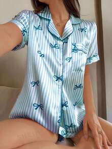 Dream Adore Set de pijamale pentru femei, cu mânecă scurtă și rever din mătase artificială, cu dungi și papion - Bleu - Vizualizare 6