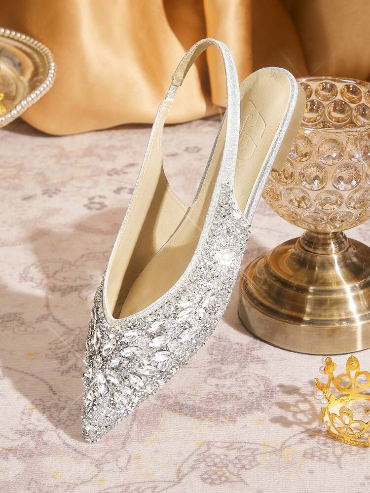 CUCCOO TILAWA Fashionable Pointed Toe Flat Silver Color Backstrap Fully Rhinestone Comfortable Elegant Versatile Women Slingback Flat Shoes Valentine's Day