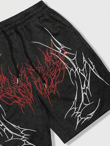 ROMWE MEN 男士哥特式图案抽绳腰带口袋休闲百搭日常短裤 - 黑色 - 查看 3