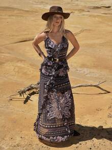 MOTF STUDIO VESTIDO DE MUJER CON TIRANTES FINOS, ESTAMPADO FLORAL, VOLANTES EN LA CINTURA Y CINTURÓN, PARA VACACIONES, PRIMAVERA/VERANO - Multicolor - Ver 1