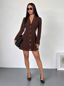 SHEIN PETITE 优雅长袖西装裙，棕色收腰女士迷你连衣裙，春夏款 - 棕色 - 查看 4