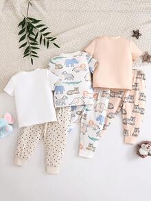 6pcs Baby Boys Cartoon Animal Print Comfortable Soft Knit Short Sleeve Pajama Set - Multicolor - View 2