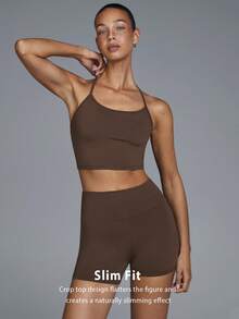 Menodora SHEIN Sport 一套纯色露背吊带上衣和短裤，瑜伽/健身服 - 咖啡棕 - 查看 5