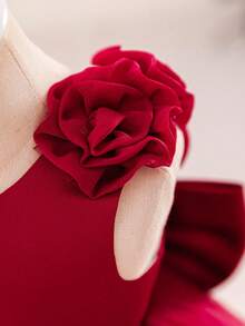 Glamorique Kids 女婴勃艮第缎面网眼高端礼服，3D 花朵，大蝴蝶结后背，蓬松裙摆，适合圣诞节、万圣节、婴儿生日派对，无袖套头连衣裙，适合庆祝、宴会、派对 - 酒紅色 - 查看 6