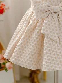 SHEIN Glamorique Kids 女童钻石提花蝴蝶结连衣裙，女婴正式礼服，无袖女婴婚礼舞会生日一周岁生日礼服，毕业舞会礼服，夏季度假公主裙，柔软面料春季连衣裙 - 卡其色 - 查看 6