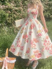 SHEIN MOD Women's Elegant Floral Print Dress,  Beach Dress,Vacation, Valentine's Day Dress,Floral Dress,Spring/Summer Outfits, Party , Holidays, Birthday,Festival,Wedding,Birthday Dress, Tea Party Dress Flower Dress Woman Cottagecore Dress Garden Party Dress - Multicolor - View 6