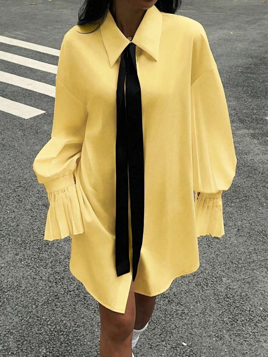 SHEIN PariChic Women's Loose Pleated Long Sleeve Contrast Collar Blouse - Yellow - View 1
