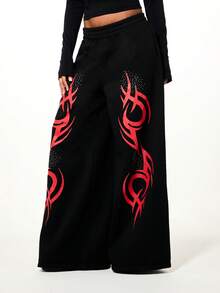 SUMWON WOMEN Rhinestone Embellished Flame Graphic Wide Leg Joggers With Elastic Waistband Drawstring And Side Pockets For Casual Streetwear - Black - View 1