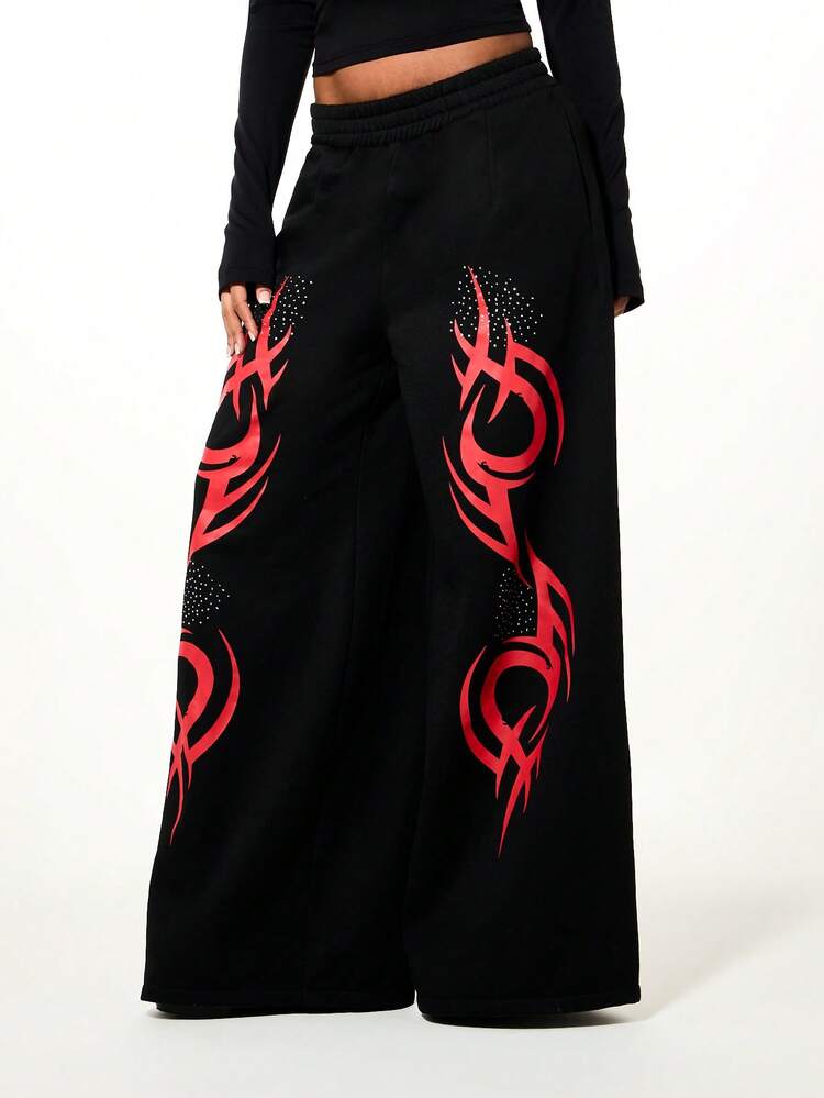 SUMWON WOMEN Rhinestone Flame Graphic Joggers With Side Pockets