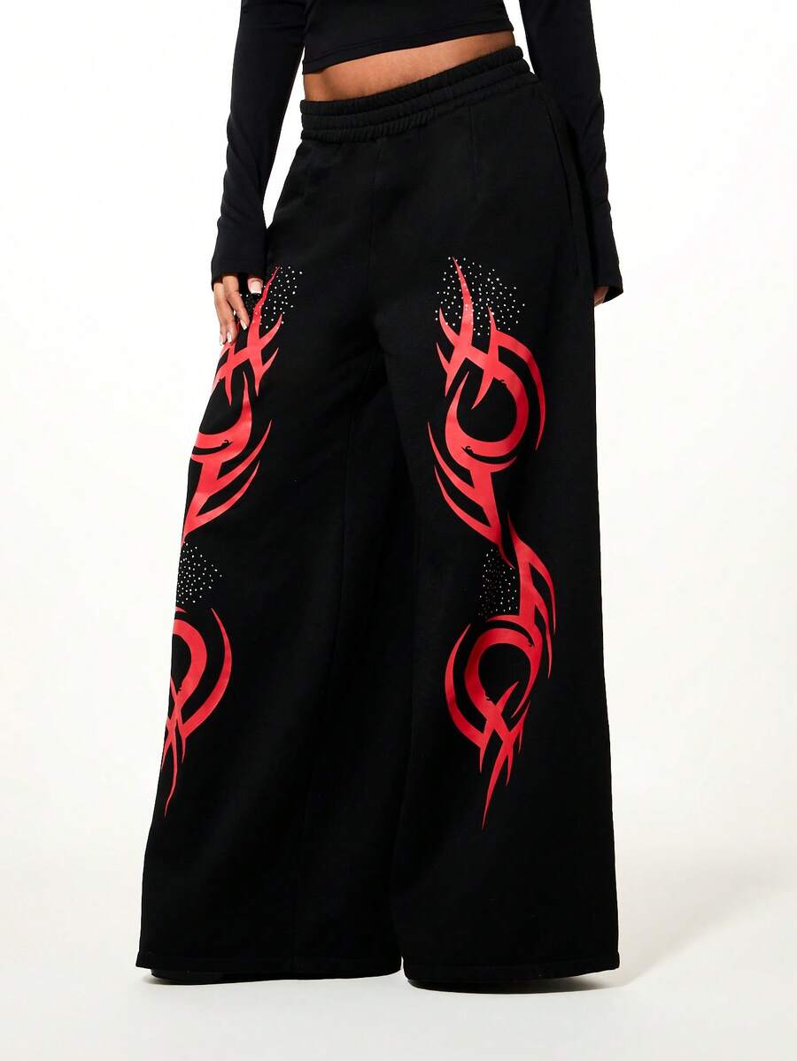 SUMWON WOMEN Rhinestone Embellished Flame Graphic Wide Leg Joggers With Elastic Waistband Drawstring And Side Pockets For Casual Streetwear - Black - View 1