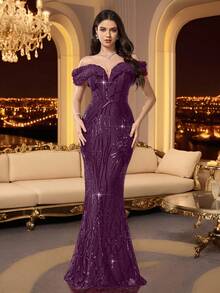 Coutiva Autumn Winter Elegant Sequin Positioning Splicing One-Shoulder Ruffle Hem Slim Mermaid Skirt Formal Evening Dress,Party,Wedding Guest,Graduation - Dark Purple - View 5