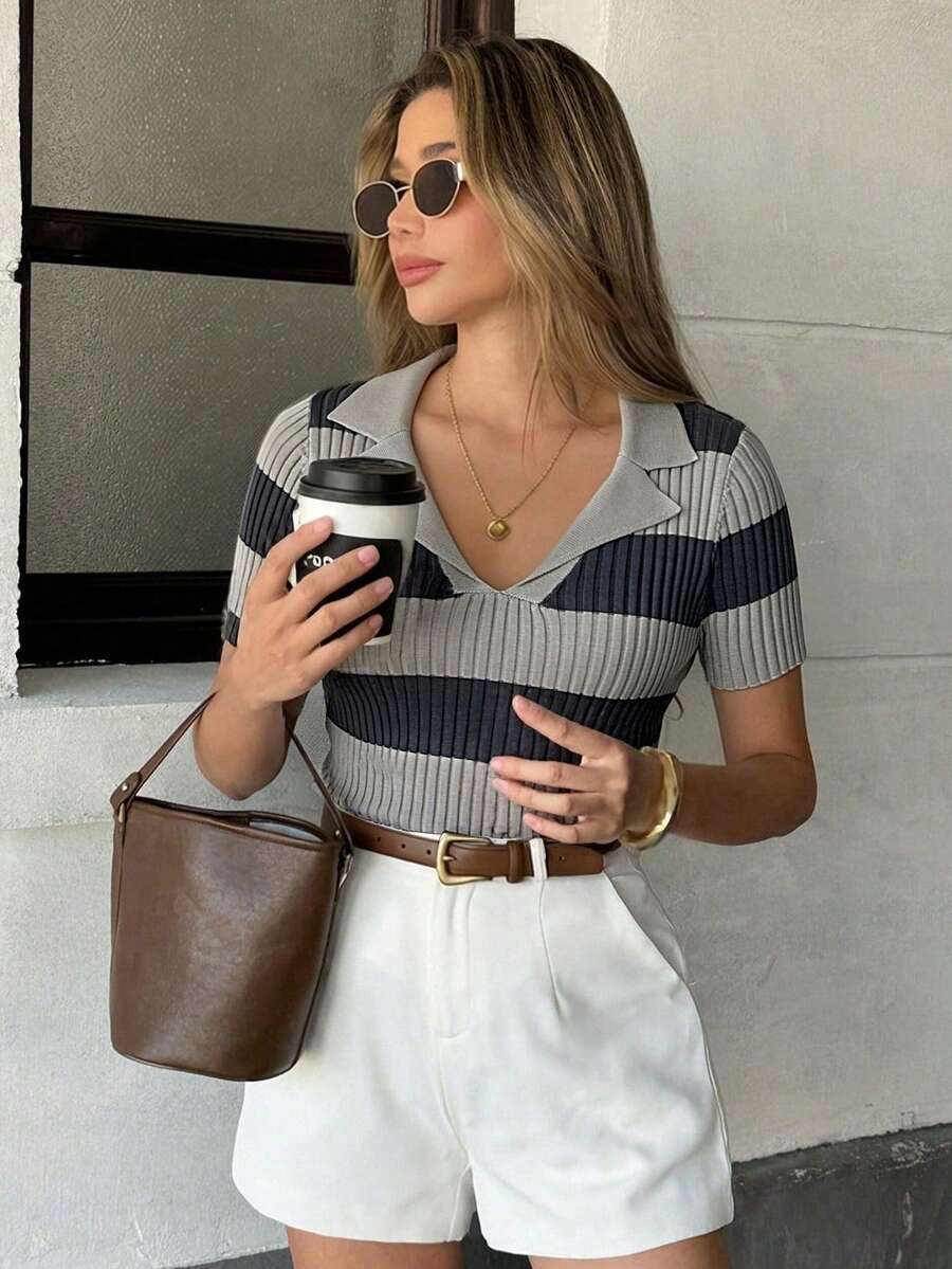 Pariaura Contrast Stripe Polo Collar Knit Top, French Street Style, Short Sleeve Summer Blouse - Dark Grey - View 1