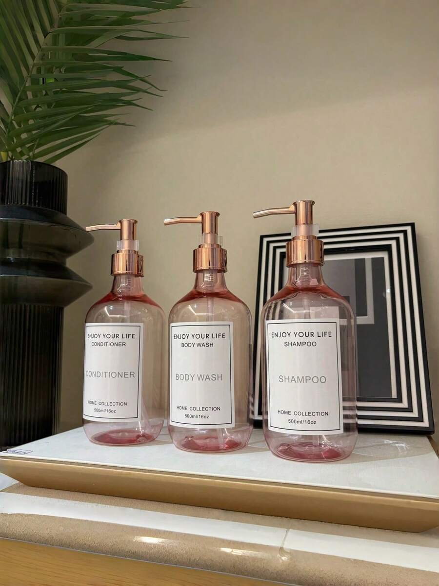 Bộ 3 chai bơm màu hồng nhạt 16oz có thể tái sử dụng, kèm đầu bơm màu vàng hồng, dùng đựng dầu gội, dầu xả, sữa tắm, kiểu dáng khách sạn, đồ dùng vệ sinh cá nhân khi đi du lịch, trang trí nhà cửa đẹp mắt. - Hồng trong suốt - Xem 1