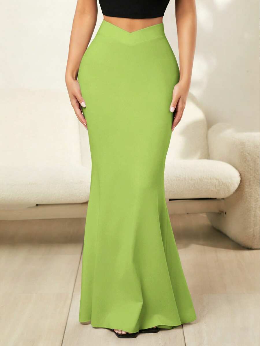 SHEIN SXY Chân váy maxi đuôi cá màu xanh neon lệch eo dành cho nữ - màu xanh lá - Xem 1