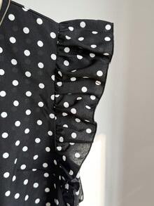 Blusas para adolescentes con estampado de lunares negros, con volantes, de estilo casual y vacacional, ajustadas. Camisa de verano sencilla con estampado de lunares, estilo francés - Negro - Ver 5