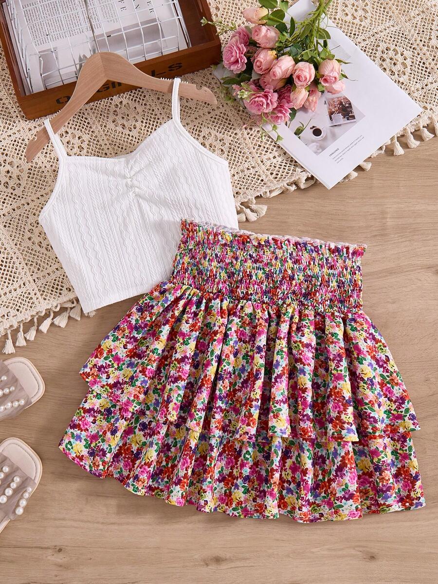 SHEIN 2件套少女修身休闲碎花荷叶边吊带背心和迷你裙套装 - 彩色 - 查看 1