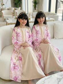 Tween Girl Classic Elegant Middle Eastern Print Long Jacket,Beige Modest Loose Dress,Autumn Country Style For Concert,Commute,Photo Shoots,Gatherings - Multicolor - View 7