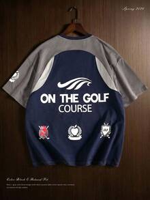 TOKVUE 1pc Men's Navy Blue Patchwork Graphic Print Oversized Golf T-Shirt,Summer Streetwear Casual Sports Daily Commute,Ideal Gift For Boyfriend/Husband - Navy Blue - View 3