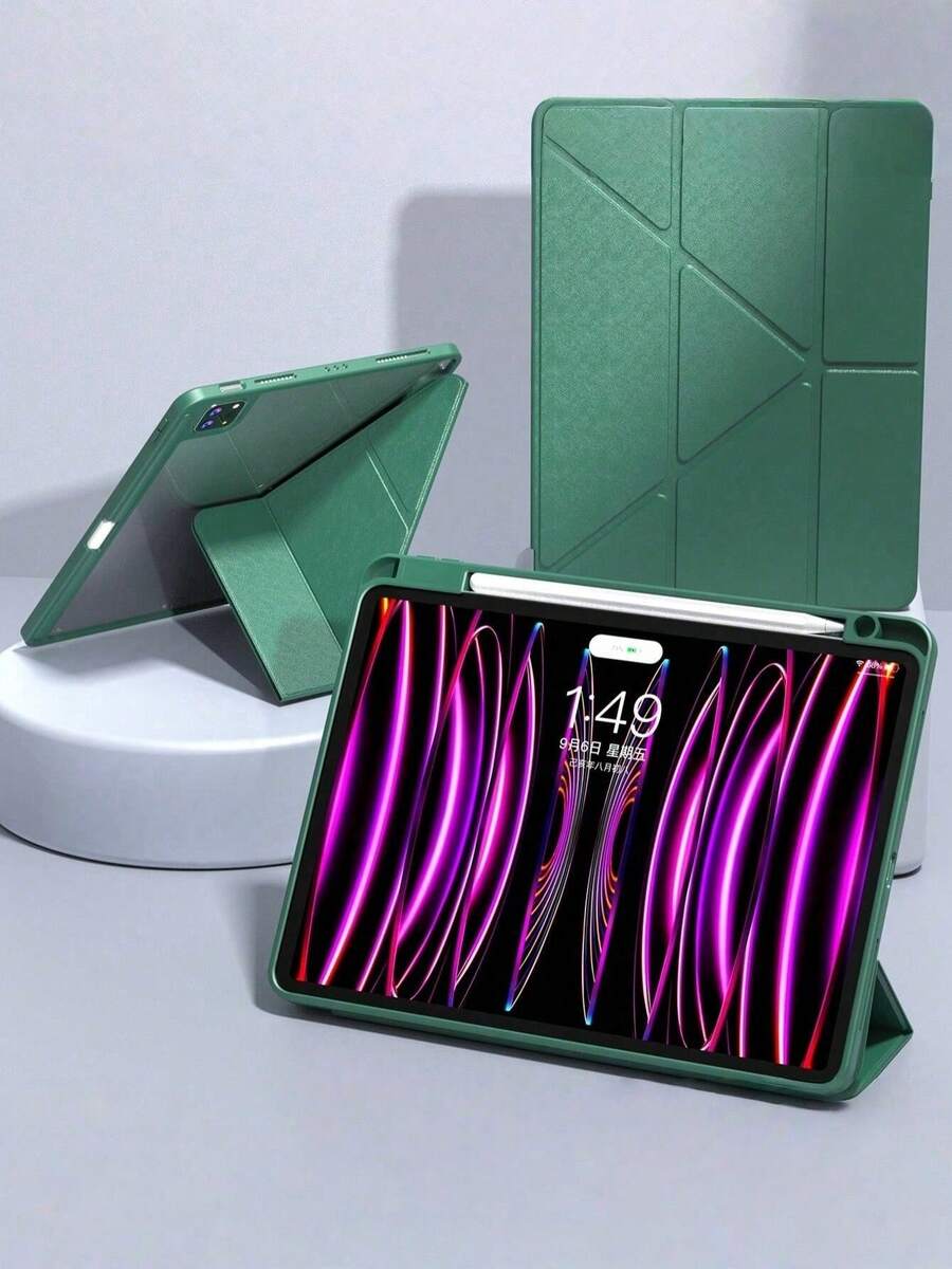 1个透明亚克力保护壳，兼容iPad Air 11/13 M2 2025 M3，支持多角度折叠Y型支架，兼容A16 11代 2024 Air 5 Air 4 10.9 9代 8代 7代 10.2 5代 6代 9.7 10代 2021 Pro 11/12.9 mini 6 7，带笔槽，自动唤醒/睡眠功能 - 绿色 - 墨綠色 - 查看 1