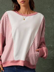 WESTFADE Áo sweatshirt tay dài cổ tròn dáng rộng, chất liệu French Terry, phối sọc nhiều màu, thích hợp cho mùa xuân, nghỉ dưỡng, hè, kỳ nghỉ xuân, lễ hội, thường ngày, dễ thương, phong cách Boho, Nashville, trang phục đi xem hòa nhạc đồng quê, trang phục miền Tây cho nữ, kỳ nghỉ, bãi biển, phong cách cao bồi ven biển. - Hồng - Xem 4