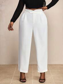 Truni Plus Size Solid Color Straight-Leg Pants With Diagonal Pockets, For Pear Triangle Body Shape - White - View 8