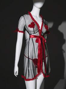 SHEIN Set de 2 piezas de lencería y camisón con contraste de encaje y malla en forma de corazón, estilo clásico y sexy para el Día de San Valentín - Multicolor - Ver 6