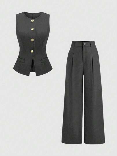 Sweetra 1 Set Black Single-Breasted Vest & Pleated Wide-Leg Pants Suit