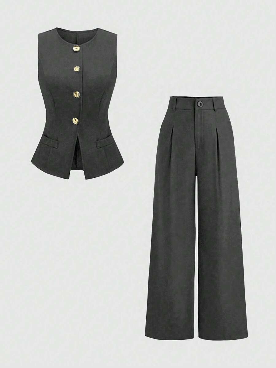 Sweetra Bộ vest đen một hàng khuy và quần ống rộng xếp ly. - Màu xám đen - Xem 1